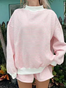 Women's Striped Set, Loose Fit Oversized, Striped Mock Neck Top, Elastic Waist Pocket Shorts, 2-Piece Comfortable Daily Wear