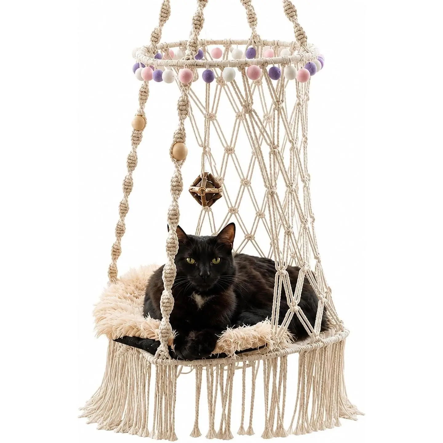 Wall-Mounted Heavy Duty Macrame Rope Cat Hammock Hanging Bed - 50lbs Capacity for Large Cats, Window View Swing Perch with Included Hardware Kit, Wall Mount