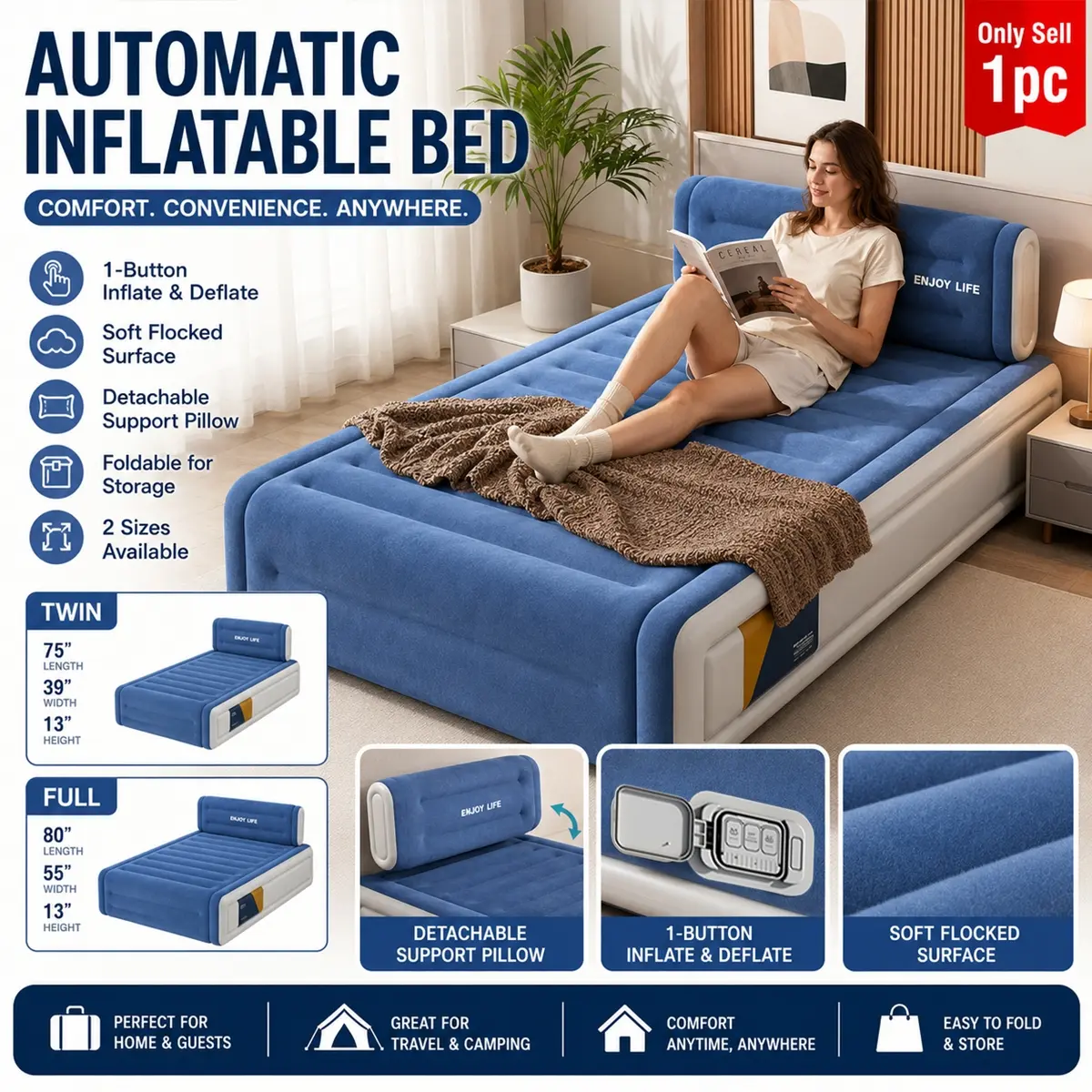 Inflatable Air Mattress, Modern Flocked Air Bed with Pump, Portable Foldable Blow Up Bed with Supportive Pillow Headboard, Fast Inflate/Deflate, Waterproof Guest Bed for Home, Camping, Travel, Bedroom, Dorm, Adults & Family