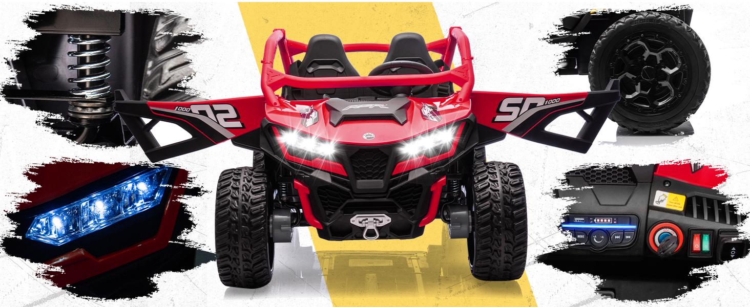 24V Ride on Toys for Big Kids 10AH Real Spacious 2-Seater, 4 x75W Motor 5MPH Ride on Car Kid UTV for Kids 3-8, EVA Tire, Remote Control, Bluetooth Music, 4 Spring Suspension (Red)