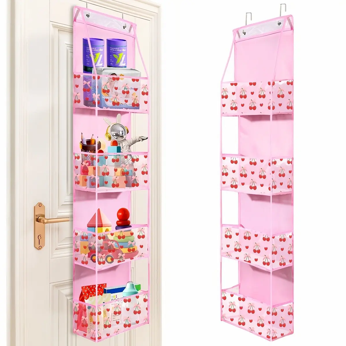 Large Four-Layer Storage Basket, Cute Cherry Print PVC Hanging Organizer with 2 Hooks, Wall-Mounted Closet Organizer, Decorative Storage Organizers, Perfect Gift