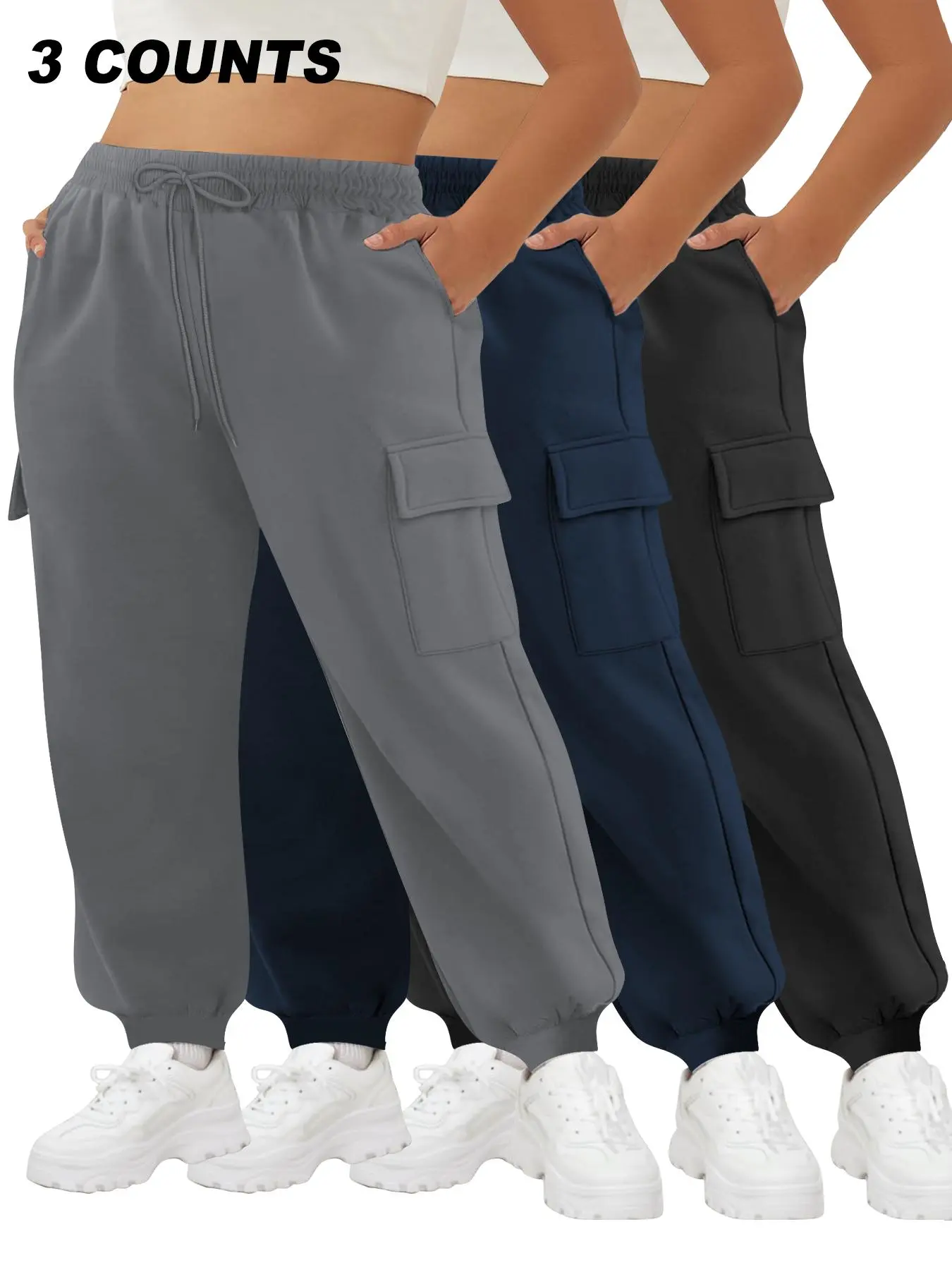 【Plus Size】 Solid Cargo Pants, Casual Cargo Style, Casual Comfortable High Stretch Cargo Pants for Daily Wear, Women's Bottoms for All Seasons, Casual Comfy Trousers, Casual Streetwear Trousers, Casual Loose Pocket