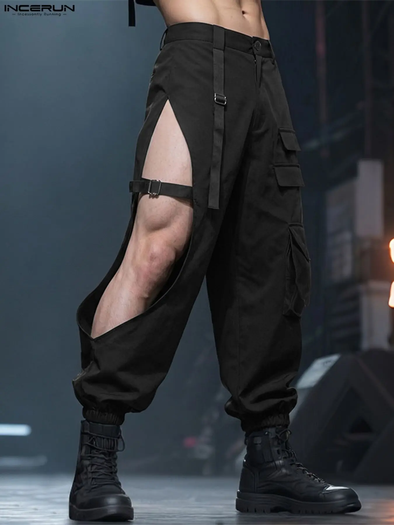 INCERUN Men's Deconstructed Hollow-Out Metal Buckle Long Pants, Trendy Streetwear Design INCERUN Men's Deconstructed Hollow-Out Metal Buckle Long Pants, Trendy Streetwear Design