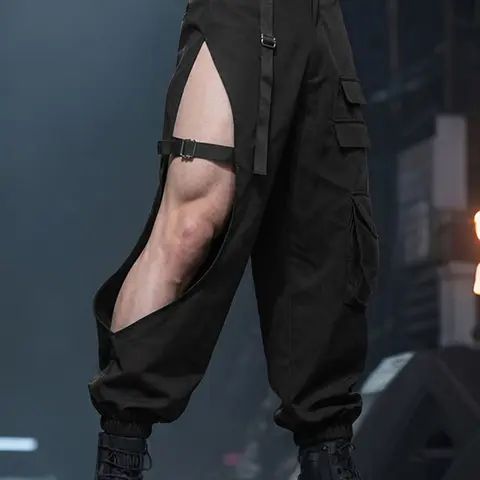 INCERUN Men's Streetwear Deconstructed Hollow Out Metal Buckle Long Pants, Trendy Fashionable Design, Perfect for Casual Wear, Casual Trousers