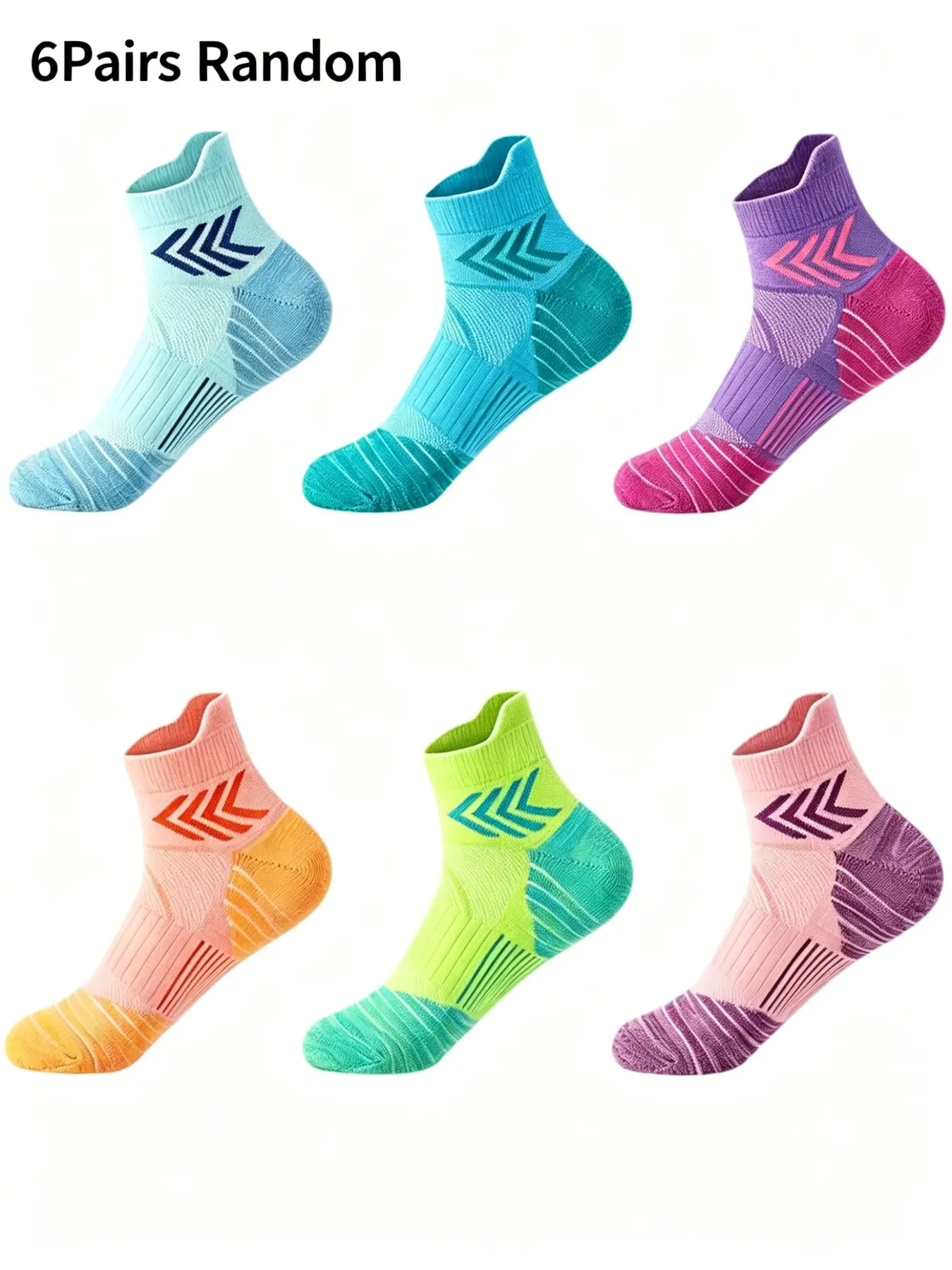 6 Pairs Random Gradient Arrow Print Compression Ankle Socks, Vibrant Color Block Breathable Athletic Socks, Arch Support Cushioned Shock Absorb Training Socks for Women Running Cycling Gym Hiking Outdoor Sports