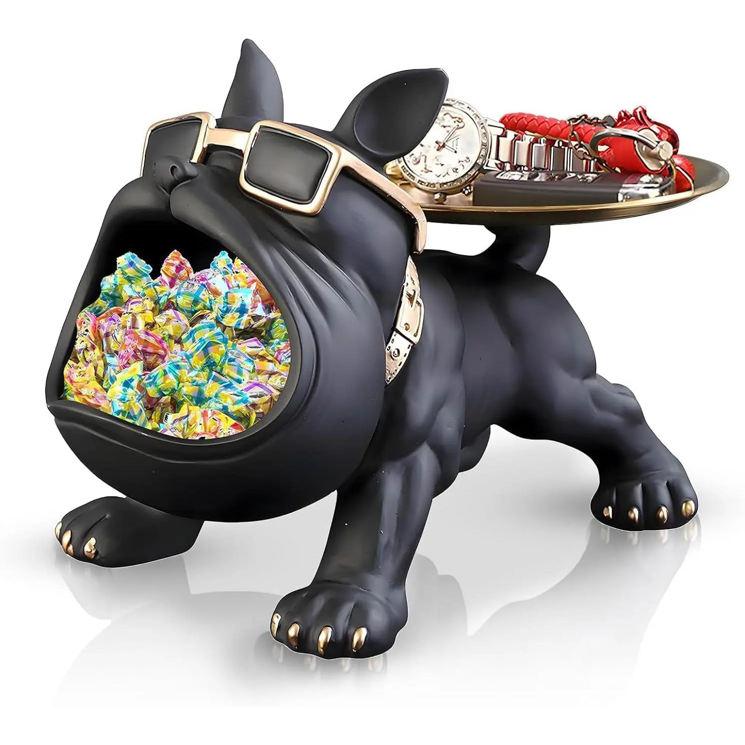 Black New Resin French Bulldog Multi-Use Tray Statue - Home Decor Ornaments, Candy Dish, Key Holder Bowl, Office Figurine for Entryway Table Accessories