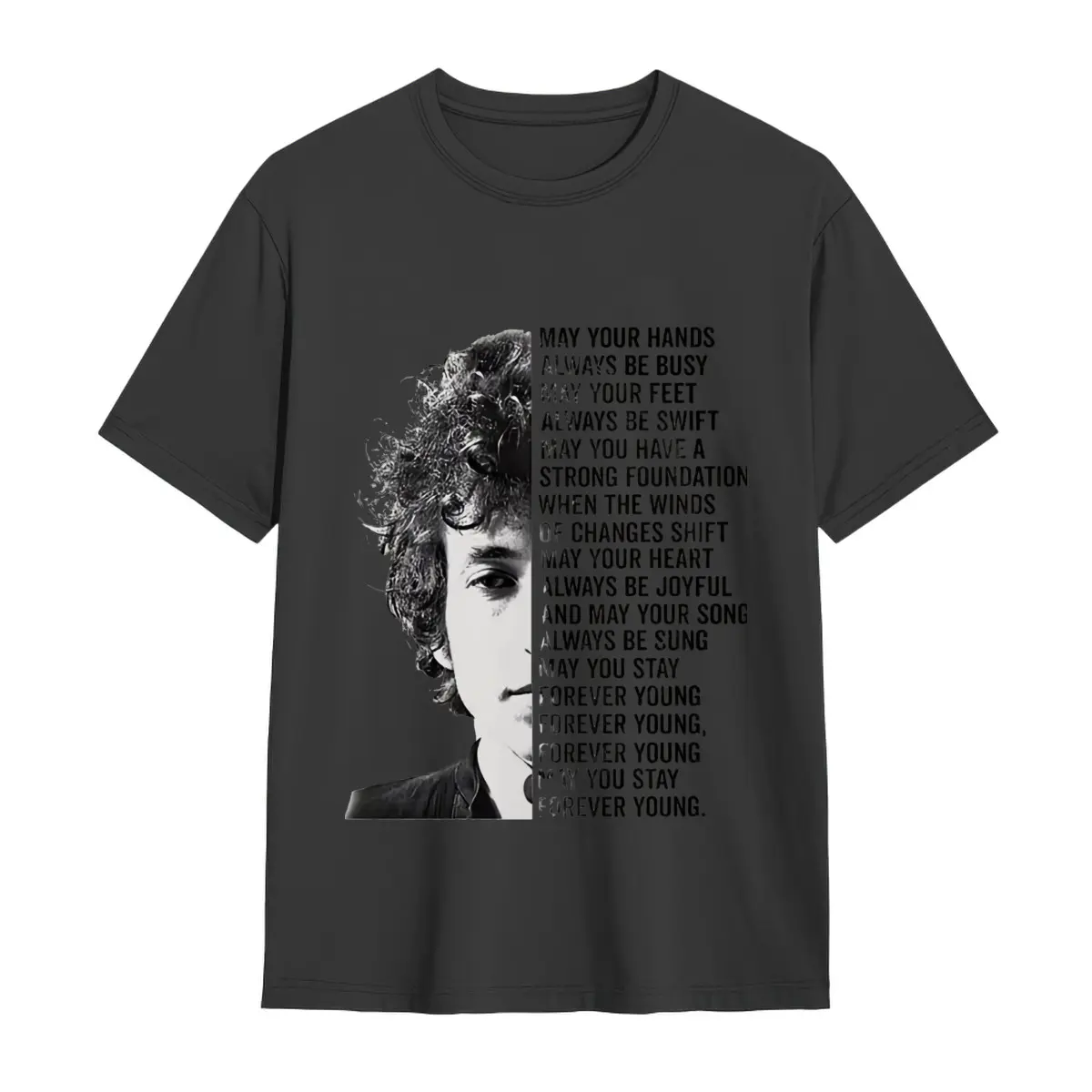 Bob Dylan Forever Young Lyrics & Half-Face Portrait Vintage Cotton T-Shirt - Unisex Regular Fit Tee, White with Black Print, Sizes S-3Xl, Machine Washable, Pre-Shrunk Casual Music Fan Apparel, Allseason Clothing, Classic Round Neck, Nontransparent Materia
