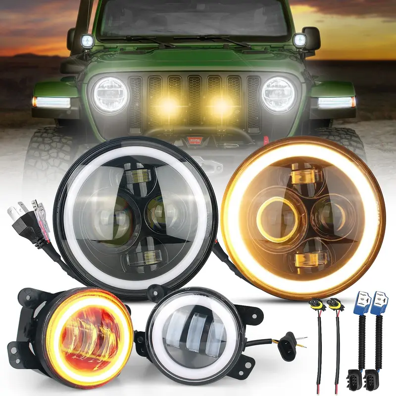 7" Inch Halo LED Headlights & Fog Lights Combo Kit For 2007-2018 Jeep Wrangler JK JKU, White DRL Amber Turn Signal, Plug & Play Offroad Light Replacement