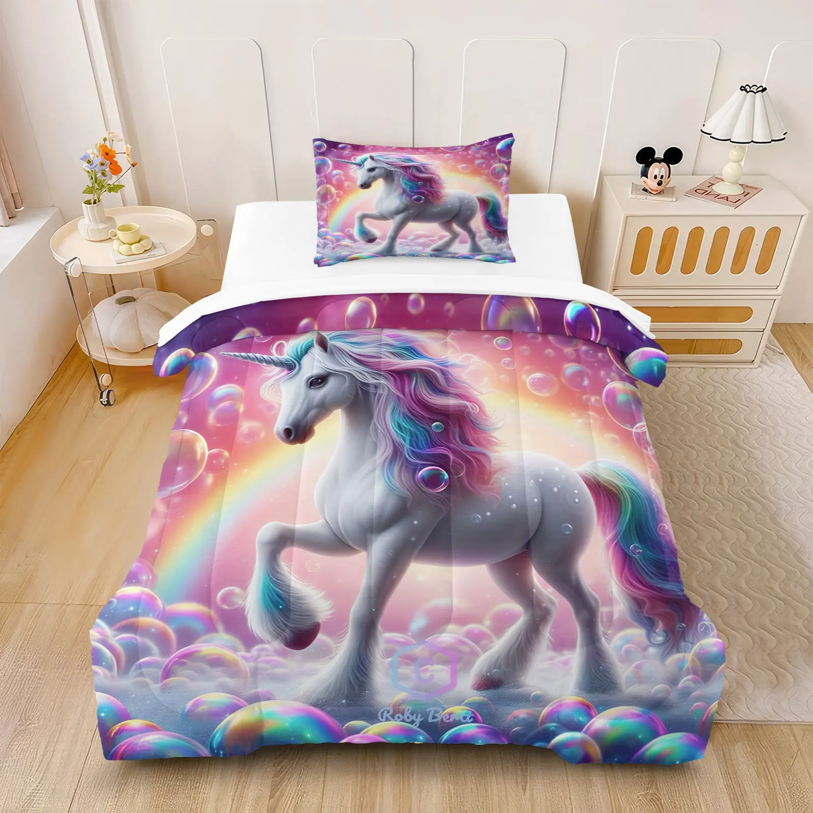 2/3pcs Rainbow Starry Sky Dreamy Magic Unicorn Printed Quilt Set, Lightweight Warm Close-Fitting Fabric, Suitable for Children's Princess Room All-Season Home Bedding Set (Includes Filling, Excludes Pillow Cores) Toddler Girl Bedding Set