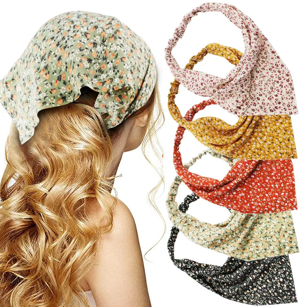 Floral Print Chiffon Fabric Hair Scarf Headbands (5 Pcs) - Women's Elastic Fit Bandana Wrap, Casual Wear Baby & Maternity Fashion Accessories, Floral Prints