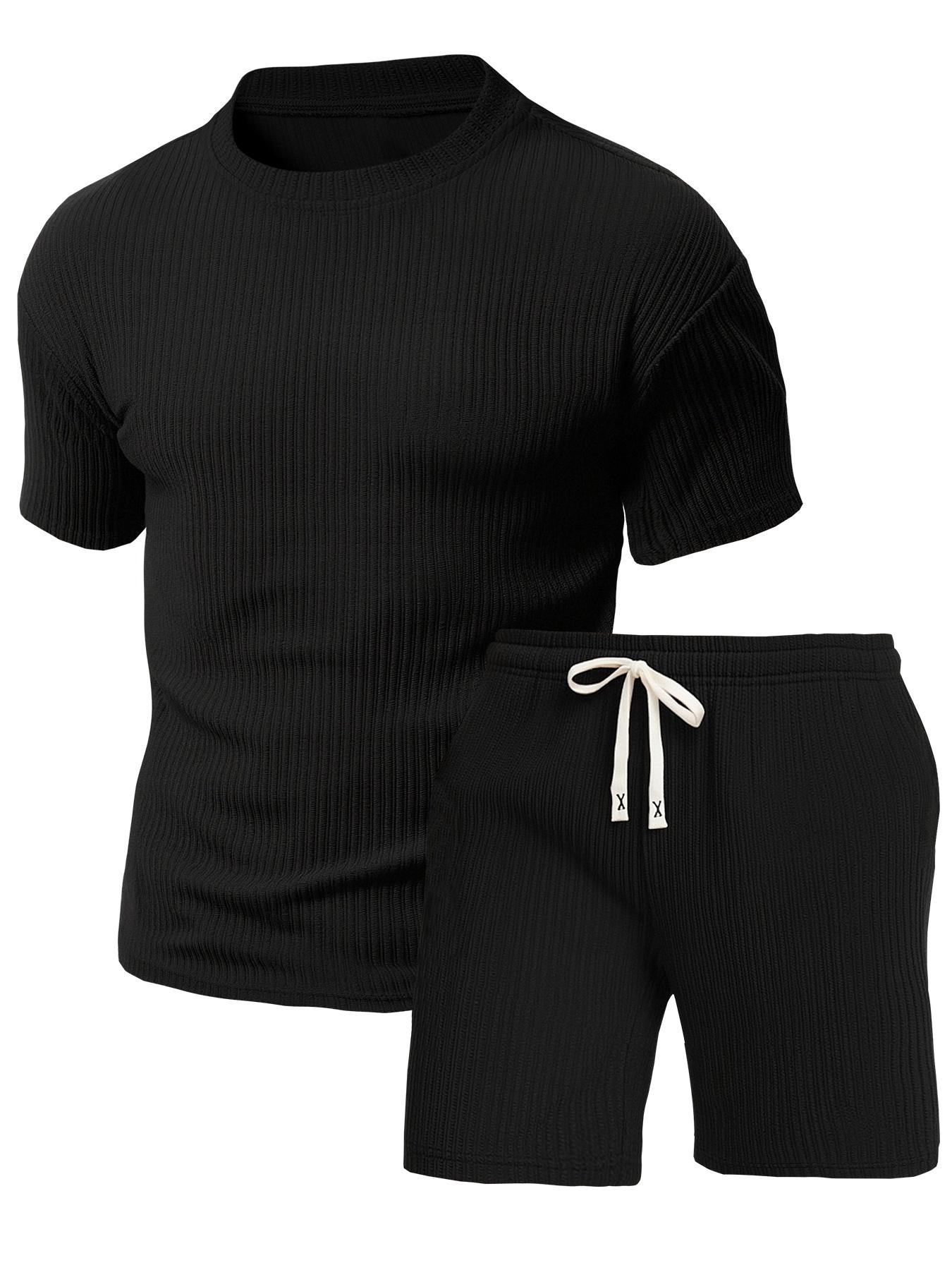 Rib-Knit Texture Co-Ord Set Mens Premium Breathable 2 Piece Outfit with Vertical Rib Weave Detail and Drawstring Elastic Waist Shorts for Casual Daily Wear and Lounge Sessions