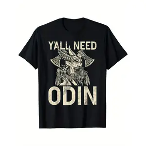 180g[100%cotton]Odin Viking T-Shirt - Norse Mythology Odin Print, 95% /5% Spandex, Viking Warrior Design, Short Sleeve Round Neck Casual Summer Streetwear for Viking Conventions & Casual Attire