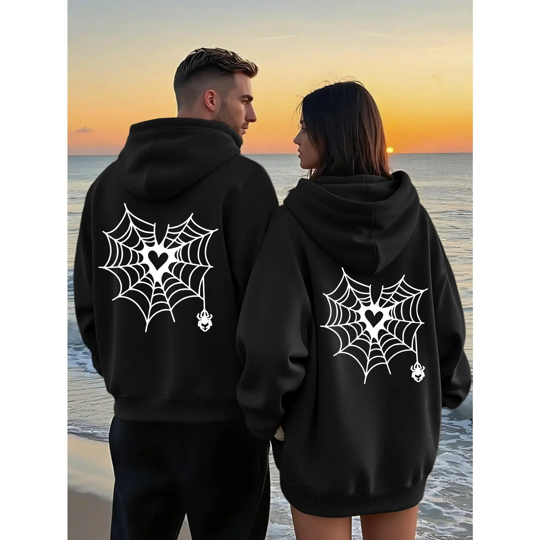 1PC Comfortable Couple Hooded Sweatshirts Geometric Spider Print Loose Fit with Pockets Unisex Autumn/Winter Outfits Choice