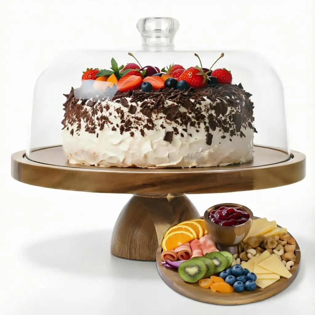Acacia Wood Cake Stand with Lid, 12in Cake Stand with Acrylic Dome (Not Glass), 2-In-1 Cake Display Stand for Charcuterie Board, Chips & Dips, Fruit Platter, Wedding, Birthday, Parties