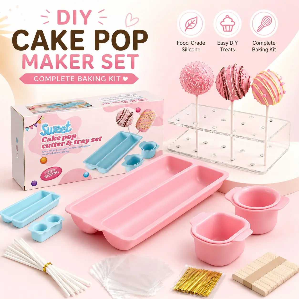 Cake Pop Maker Set, Complete Baking Kit with Silicone Molds, Acrylic Stand, Sticks & Bags, DIY Cake Pops, Party Desserts and Treats