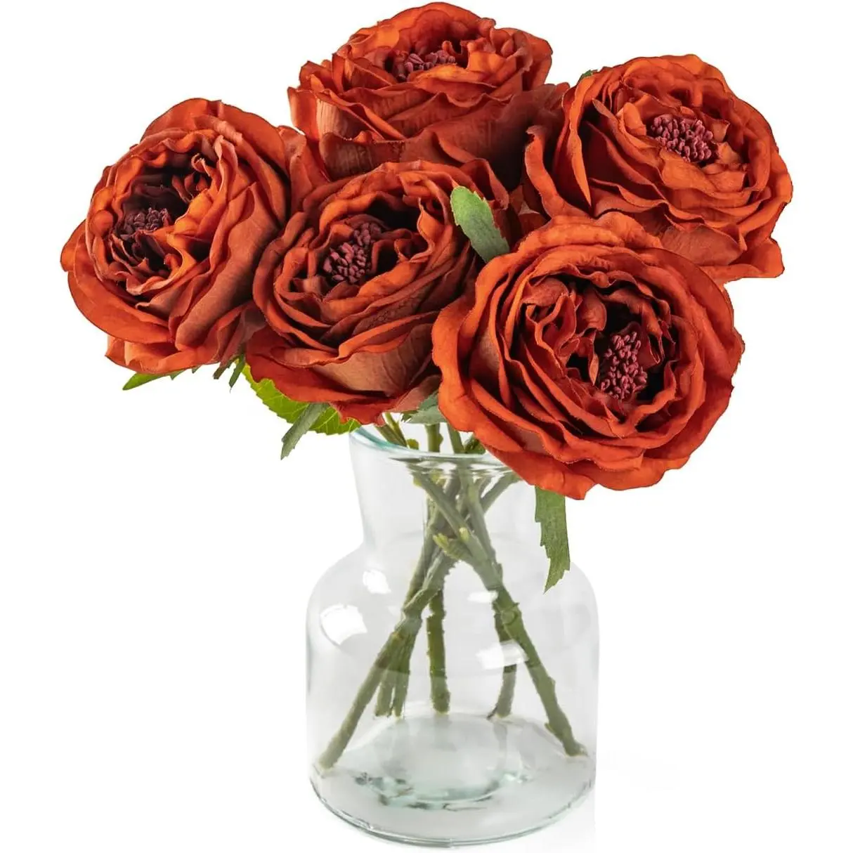 5Pcs Real Touch Silk Burnt Orange Rose Head Artificial Flowers with Stems, Home Decor & Wedding Ornaments (Home Supplies Decorative Plants)