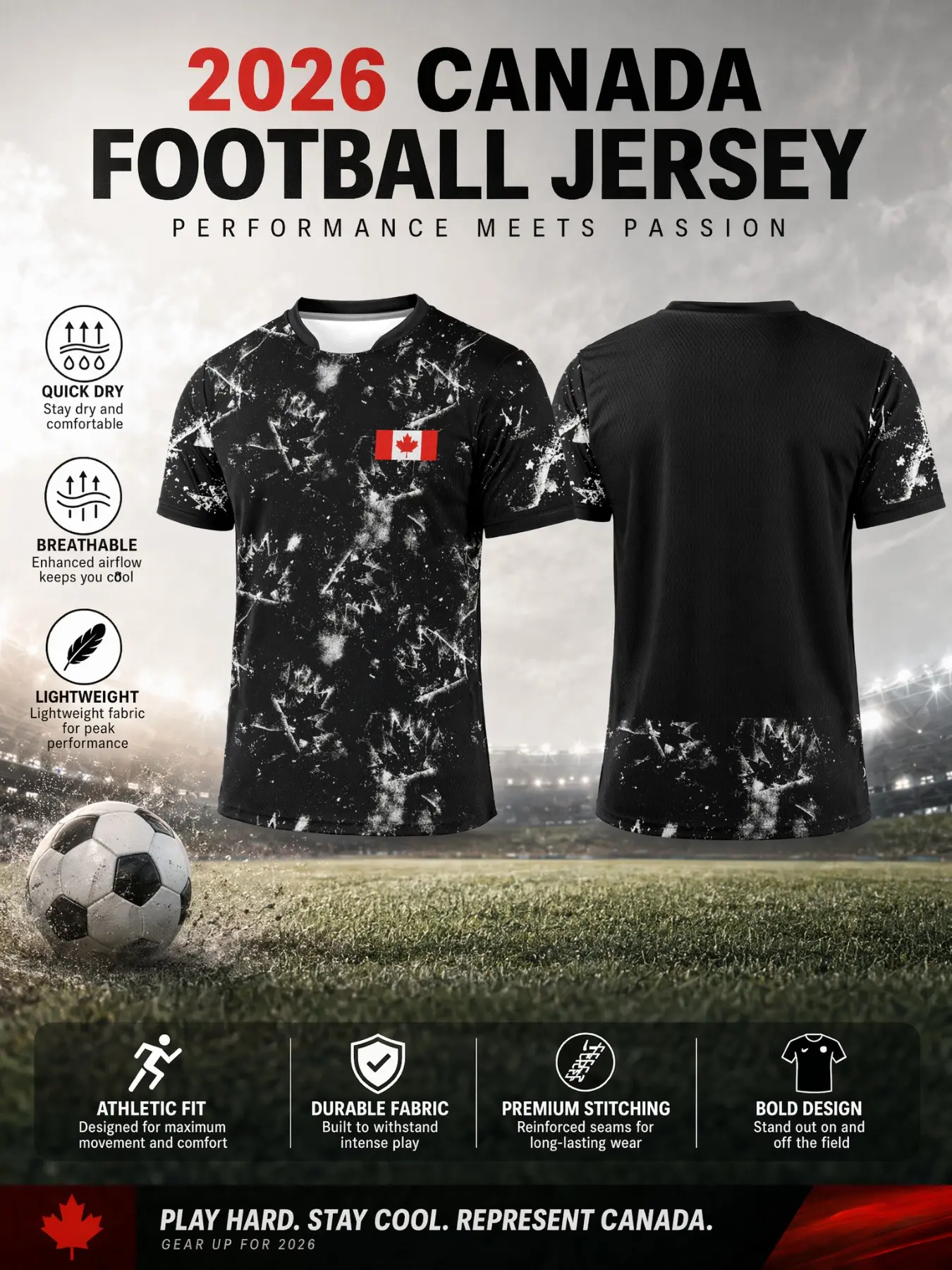 2026 Canada Away Fan Football Shirt, Unique Ice Texture Maple Leaf Print, Breathable Mesh Sport T-Shirt, Ideal for Games and Daily Wear