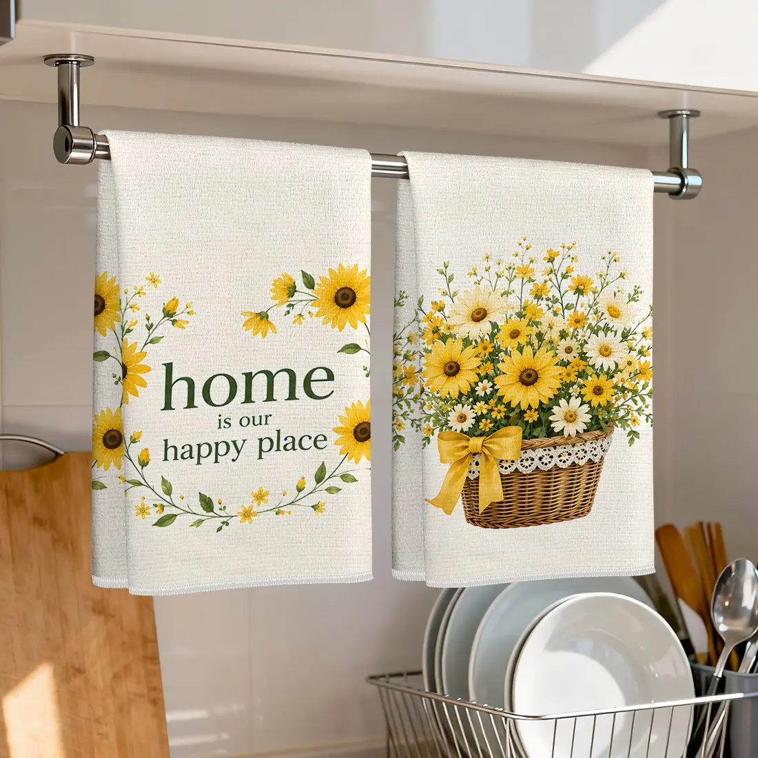 2pcs Sunflower Pattern Microfiber Kitchen Towels, 40x60cm, Single Side Print, Dishwashing, Hand Drying, Party Decor, Holiday Gift