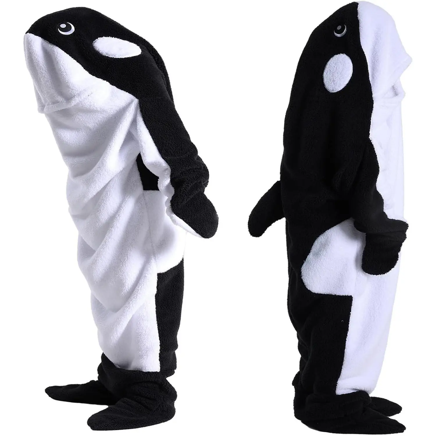 Wearable Whale Blanket Onesie Costume, Black for 51-59in Height Orca Killer Whale Hoodie for Adult, Sherpa Flannel Super Soft Comfortable, Hooded for Halloween Cosplay Christmas