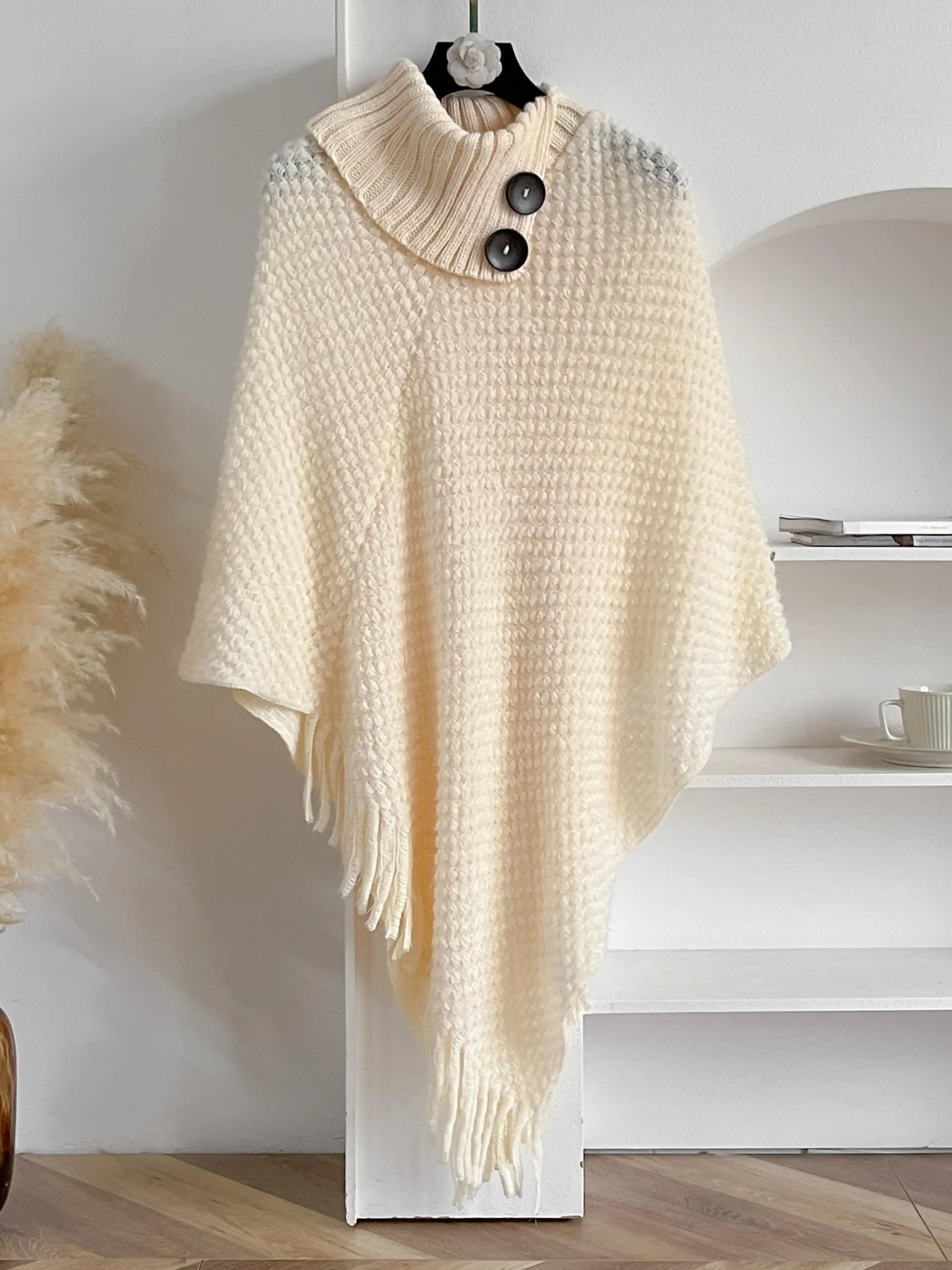 Women's Solid Color Button Knitted Shawl, Casual Soft Comfortable Warm Wrap All Season Shawl for Daily Wear, Fashion Accessories for Women & Girls