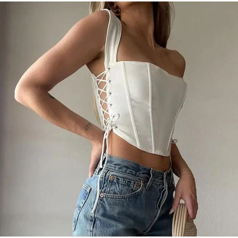 Women's Solid Black Style 2 Backless Bandage Shapewear Corset Top - Sexy Summer Strap Tank Bustier Crop Bodysuit, Skinny, Mini Crop, Sleeveless Corset Shapewear Tops, Strapless Corset Bodysuit Shapewear Tops