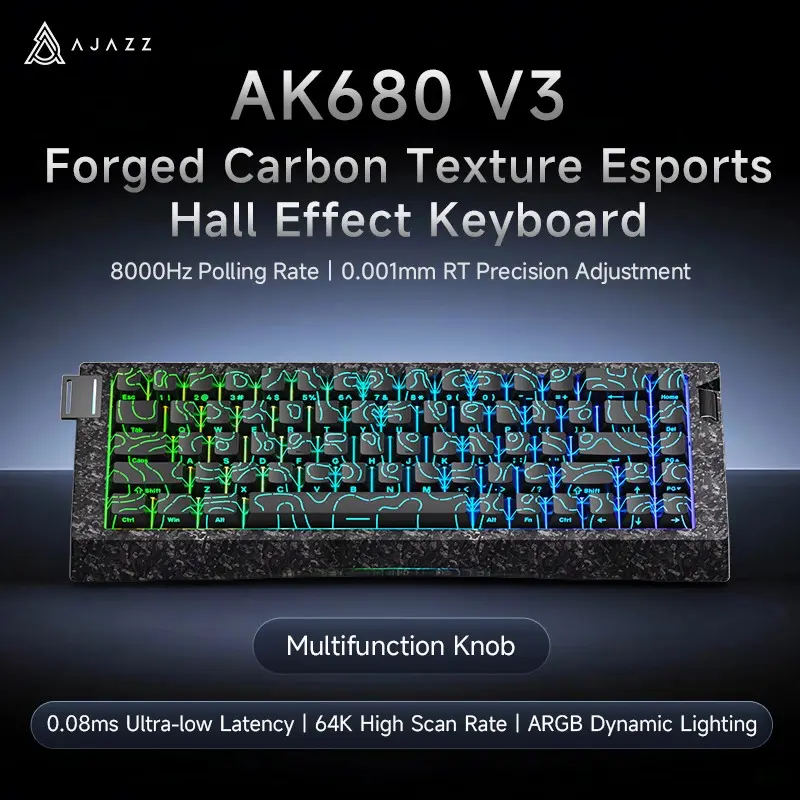 AJAZZ AK680 V3 Hall Upgrade Carbon Fiber Wired Gaming Mechanical Keyboard High Performance Esports Magnetic Switch Meow Meow Switch 8K Return Rate Multifunctional Adjustment Roller RGB DIY Esports Gaming Professional Player Essential
