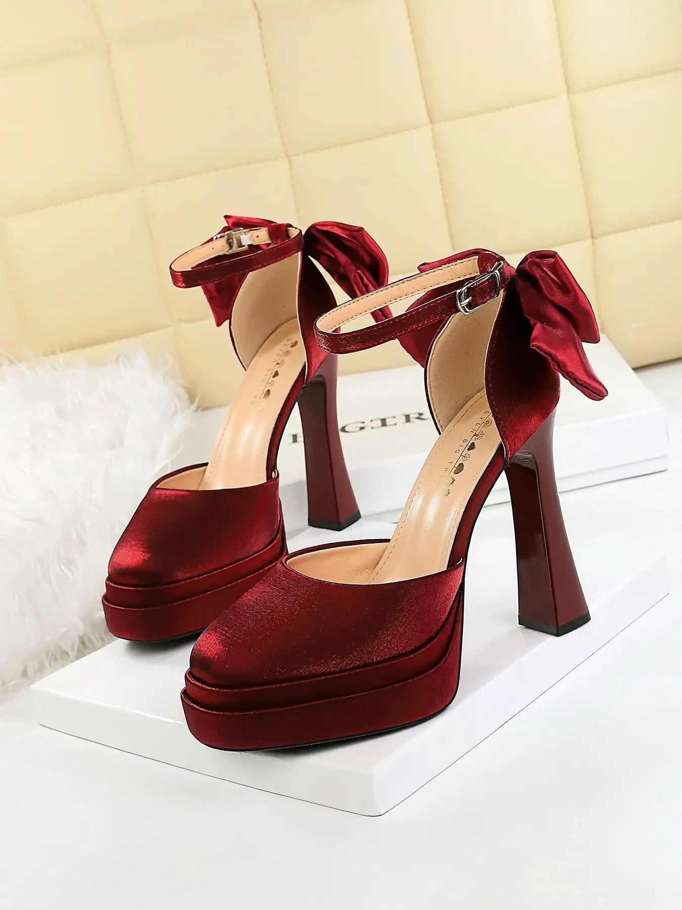 French Style Hollow Out Two-Layer Waterproof Platform Sandals, High Heel Thick Sole Back Bow Tie Buckle Flip Flops, Model 9271-H78tp