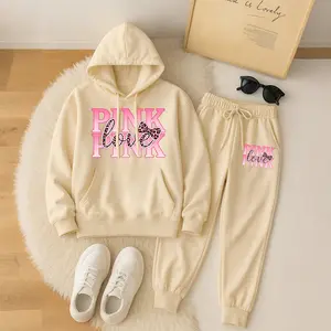 Women's PINK Print Hoodie and Drawstring Track Pants Set, Casual Sportswear, Long-Sleeved Hooded Jacket and Pants, Suitable for Autumn and Winter, Everyday Wear, Indoor and Outdoor Sportswear Set