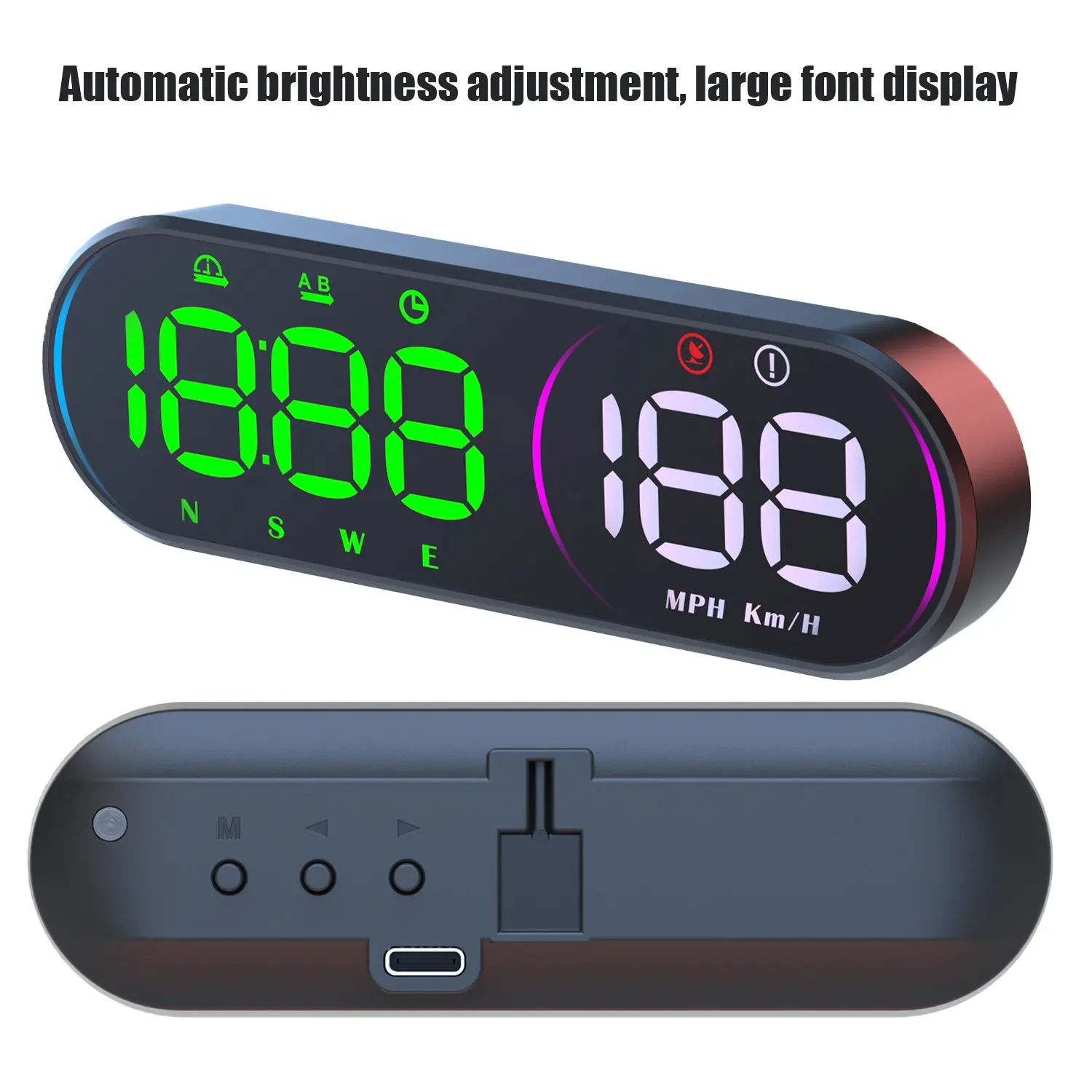 GPS Head-Up Display Car Speedometer Smart Digital Speed Gauge KMH MPH Switch Windshield Projector Real-Time Speed Driving Direction Time Trip Distance Over-Speed Alarm Multi-Color Display Plug And Play Type-C USB Universal Car Accessory