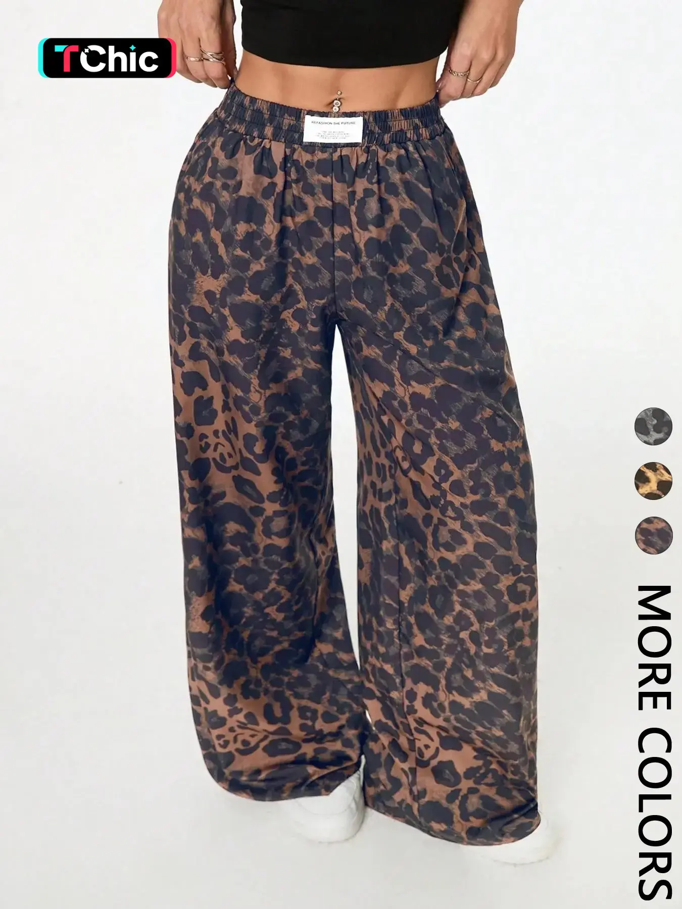 Women's Leopard Print Wide Leg Pants, High Waist Elastic Waist Loose Fit Oversized Baggy Street Style Long Pants, Fashionable Casual Wear, Casual Street Trousers