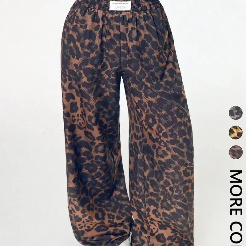 Women's Leopard Print Wide Leg Pants, High Waist Elastic Waist Loose Fit Oversized Baggy Street Style Long Pants, Printed Pants, Fashionable Casual Wear, Casual Street Trousers