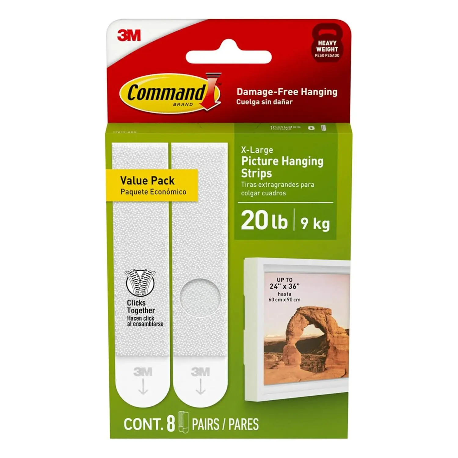 Command 20 lb XL 8 Pairs Heavyweight Picture Hanging Strips (16 Strips), Damage-Free Hangers for Picture Frames, No Tools Required, Ideal for Home Room Wall Decor, White Adhesive