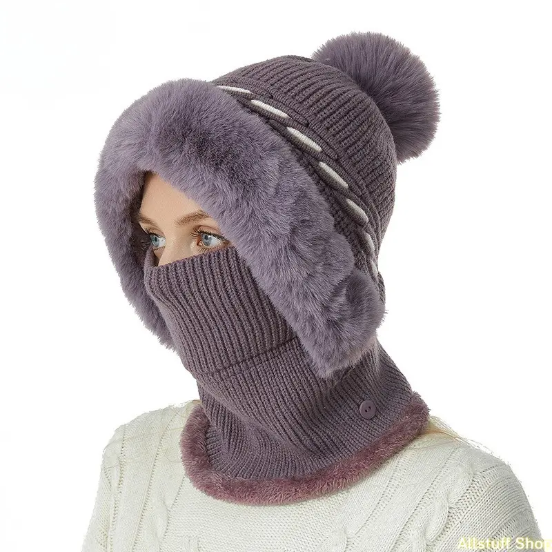 3-in-1 Sporty Sports Clothing Sets, Knitted Winter Hat with Ears, Scarf and Mask - Windproof Warm Hooded Neck Gaiter for Outdoor Cycling
