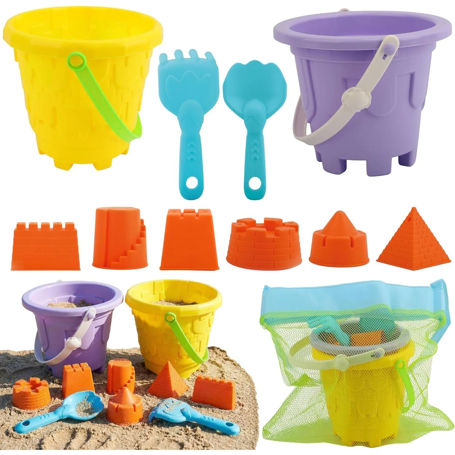 Kids Beach Sand Castle Bucket Set - 2 Buckets with Mesh Bag, 6 Molds, 2 Shovels, Colorful Plastic Beach Toys for Summer Play