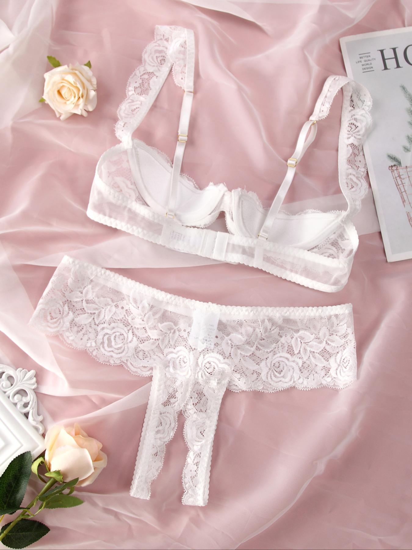 Women's Solid Adjustable Strap Bra & Thong Set, Sexy Casual Feminine Soft Comfy Breathable Floral Lace Lingerie Set for Daily Wear, Ladies Underwear Set for All Seasons, Everyday