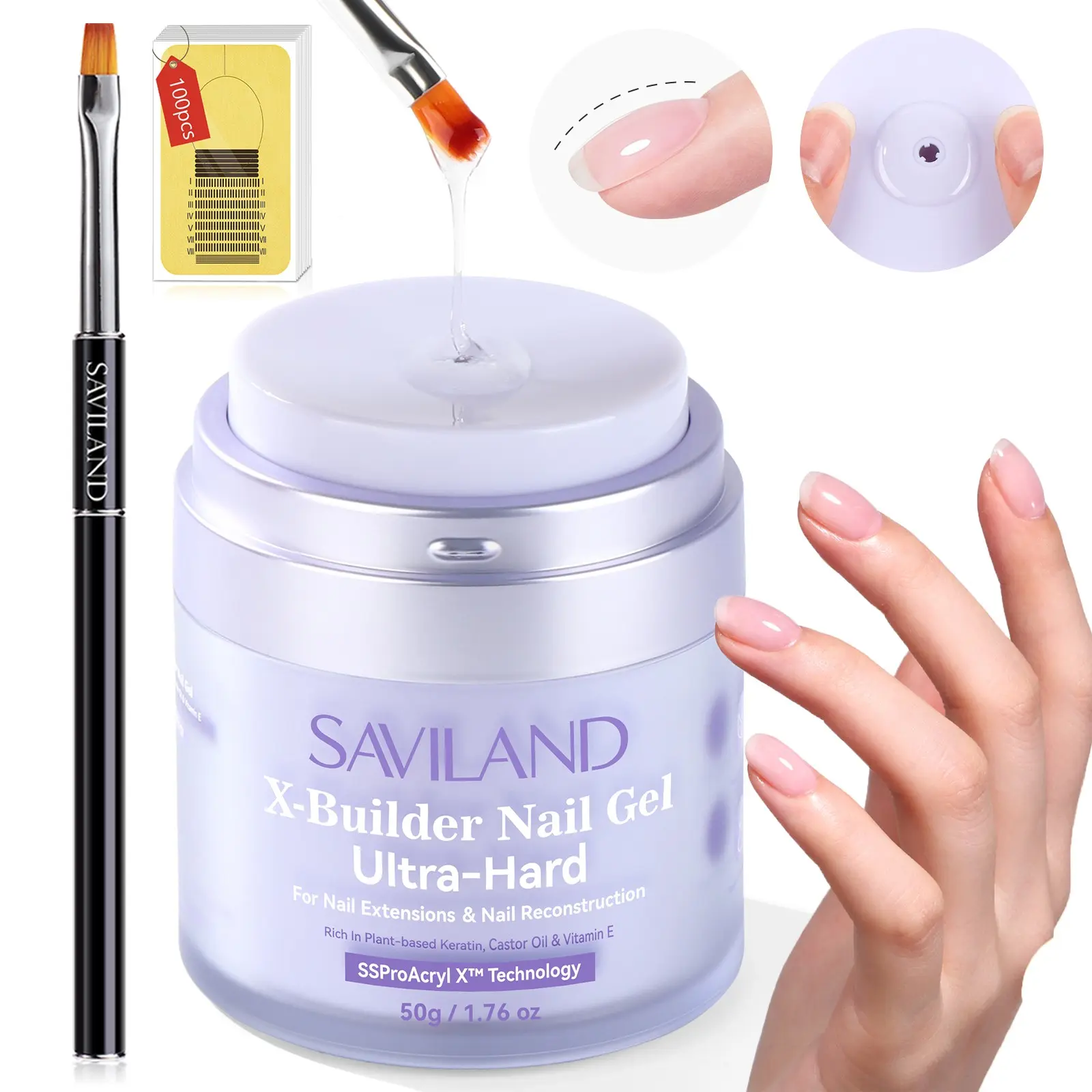 SAVILAND Gel Based Builder Nail Gel Kit with Air Cushion Design Clear Hard Gel Castor Oil VE Builder Base with 100pcs Nail Forms Nail Brush for Nail Strengthening Nail Extension DIY Nail Art