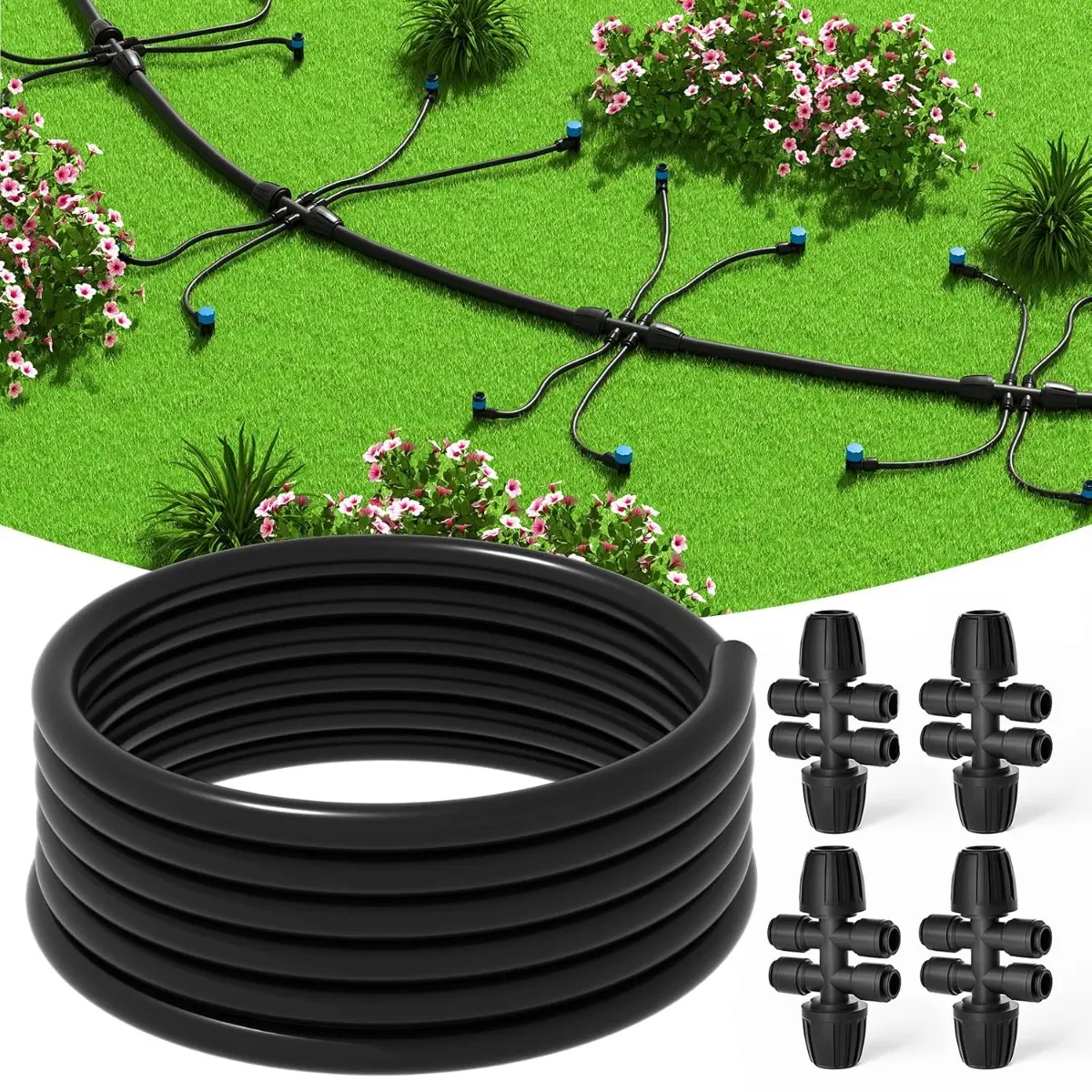 50FT 1/2" Irrigation Tubing, 0.7" OD x 0.5“ ID Hose with 4 Connectors | Premium PVC Material, UV Resistant, Flexible Mainline Tubing with Quick 4-Way Connector for Drip Systems/Gardens/Raised Beds