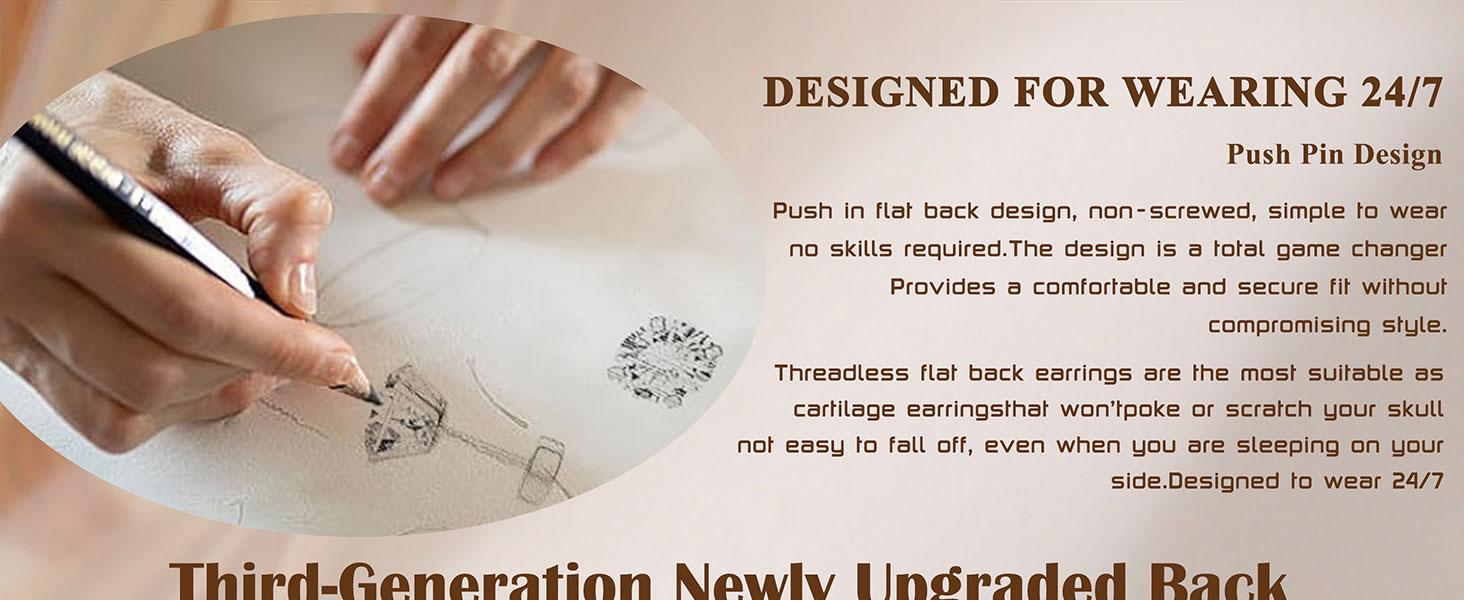 18K Gold Plated 5A Cubic Zirconia Threadless Flat Back Earrings Surgical Stainless Steel Simulated Diamond Earrings for Women Men Earrings Studs Dainty Push Pin Cartilage Earring Hypoallergenic