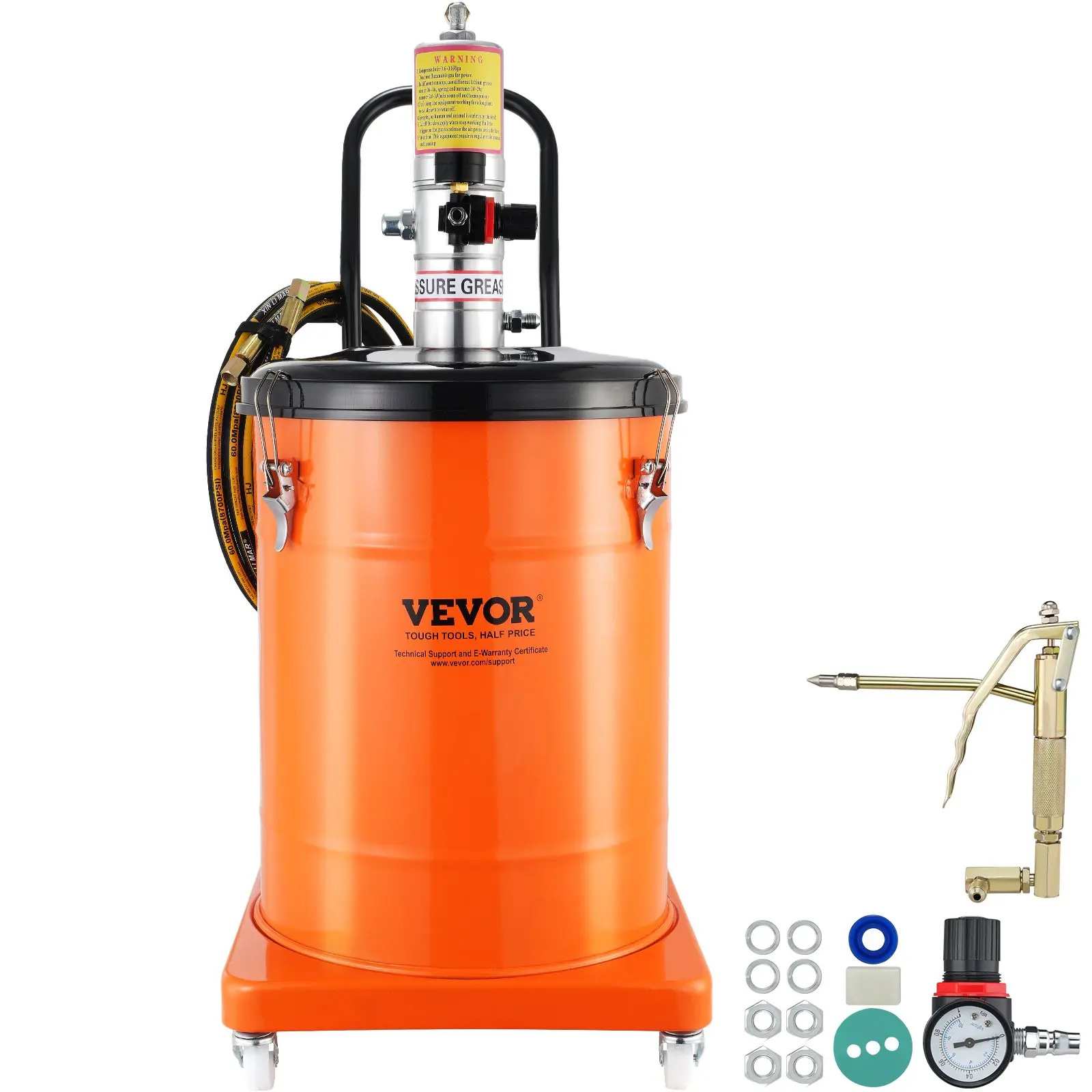 【Summerfinds】VEVOR Grease Pump, 10.5 Gallon 40L Air Operated Grease Pump with 13 ft High Pressure Hose and Grease Gun, Pneumatic Grease Bucket Pump with Wheels, Portable Lubrication Grease Pump 50:1 Pressure Rati
