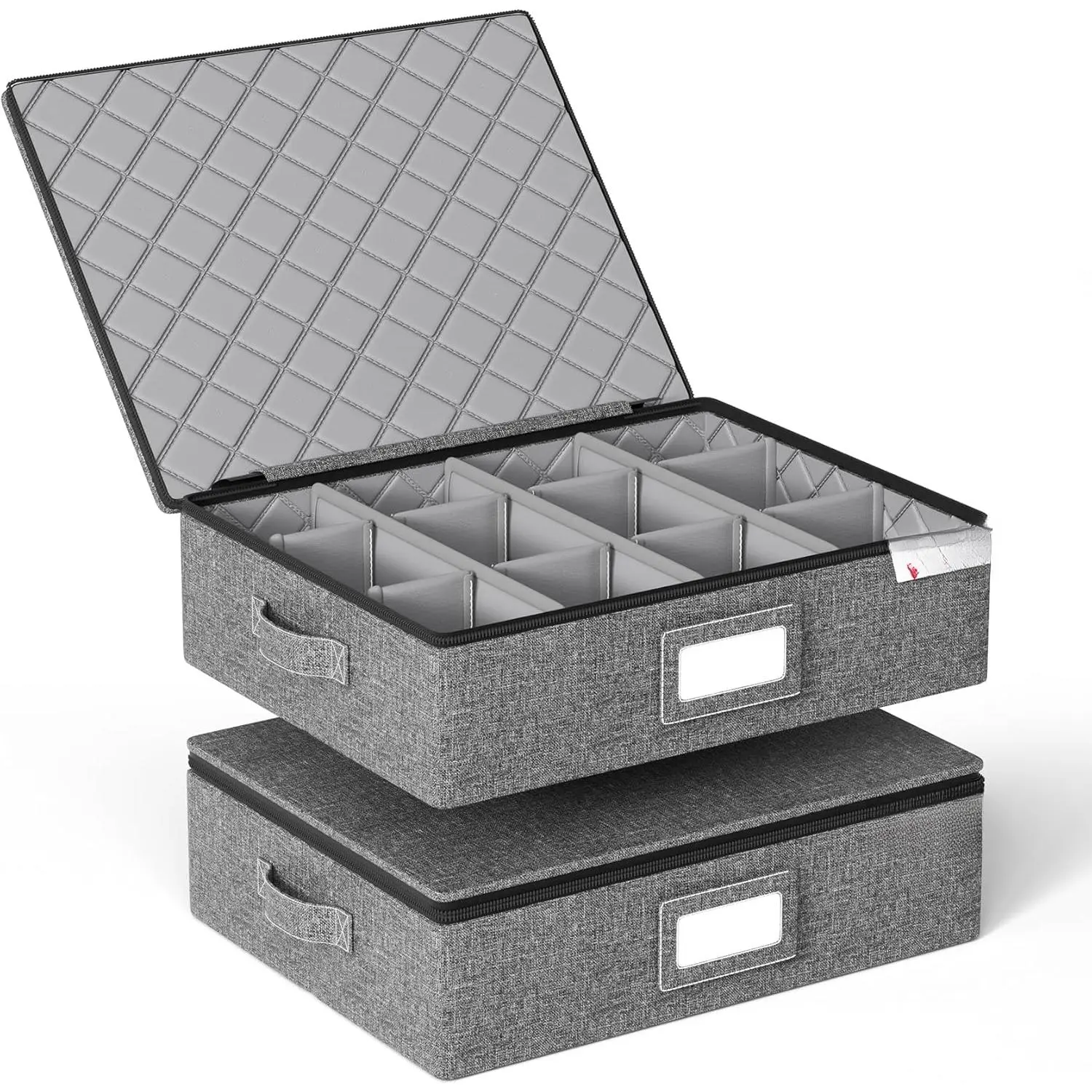 Cup storage box, with hard shell and dividers, suitable for coffee cups, tea cups, and glass cups, stackable storage organizer, equipped with lid, handle, zipper, and label, easy to carry, can hold 12 cups, 2-piece set, gray