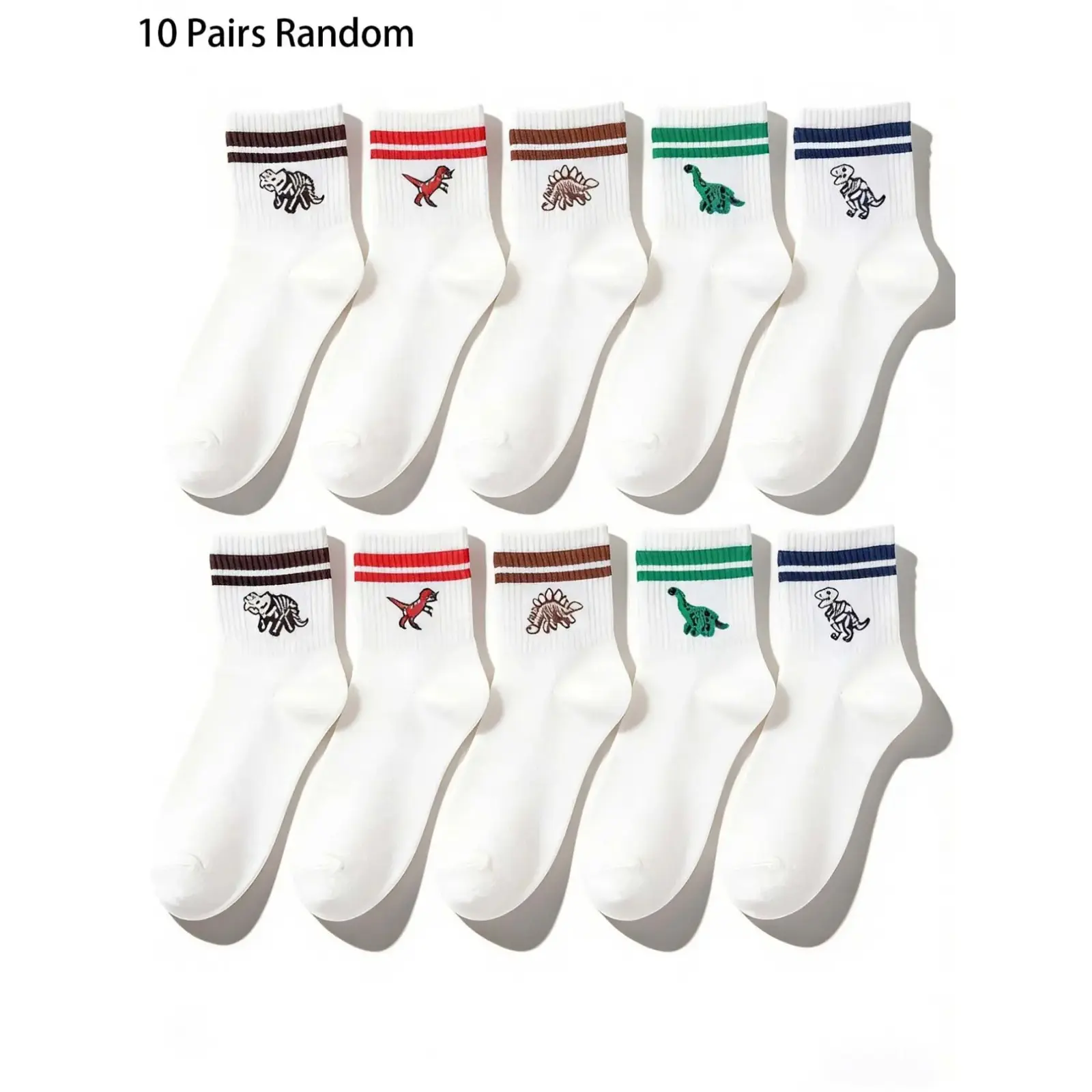 Men's Athletic Vintage Striped Mid-Calf Socks (10 Pairs) - Ultra-Soft Stretchy Menswear with Cute Dinosaur Embroidery, Breathable Retro Street-Style Casual for Daily Wear & Outdoor Activities