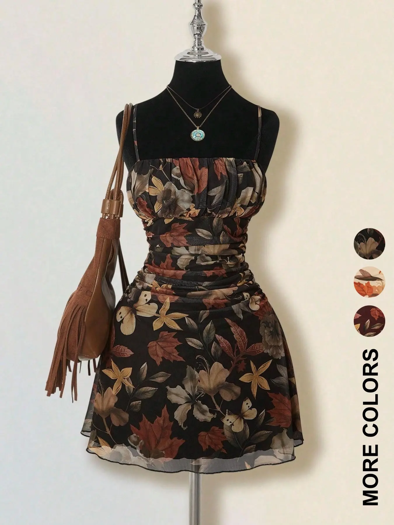 1 Piece Leaf Floral Print Mesh Casual Wear Casual Spaghetti Strap Slim Fit Design + Lightweight Breathable Fabric Elegance Comfortable Pick for Autumn Day Trips / Casual Social Party Bohemian Print Dress