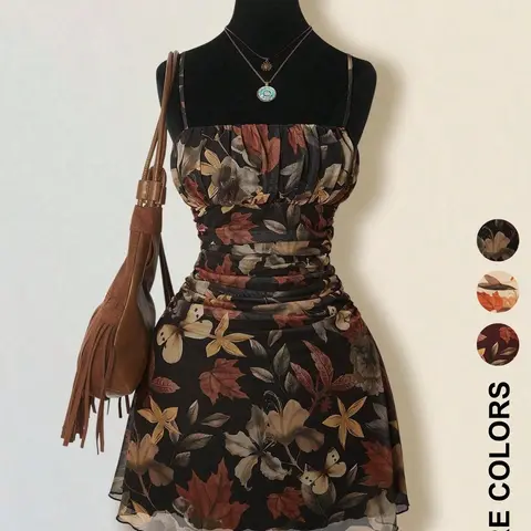 1 Piece Leaf Floral Print Mesh Casual Wear Casual Spaghetti Strap Sundress Slim Fit Design + Lightweight Breathable Fabric Elegance Comfortable Pick for Autumn Day Trips / Casual Social Party