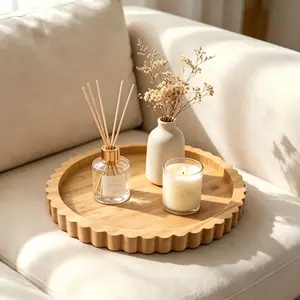 Boho Bamboo Tray Round Wave Edge, Handmade Thickened Storage Tray, Entryway Key & Candle Decor, Stylish Home Accessory
