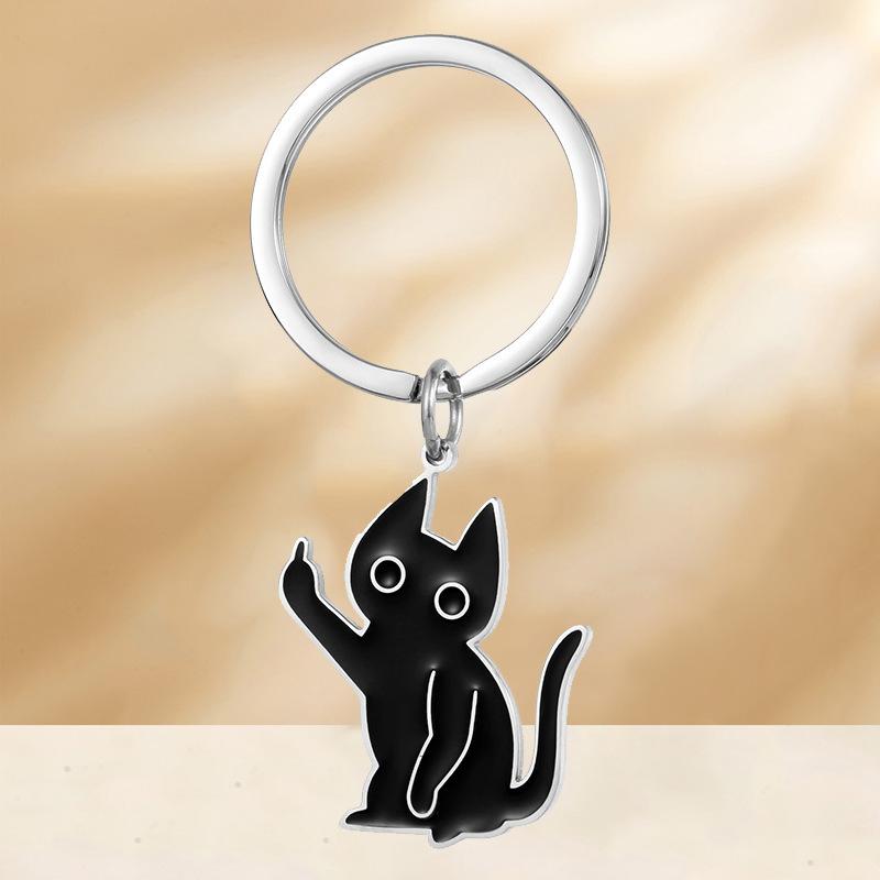 Funny Middle Finger Black Cat Keychain, Cute Sassy Cartoon Cat Stainless Steel Charm, Edgy Cat Lover Bag Accessory for Pet Owners