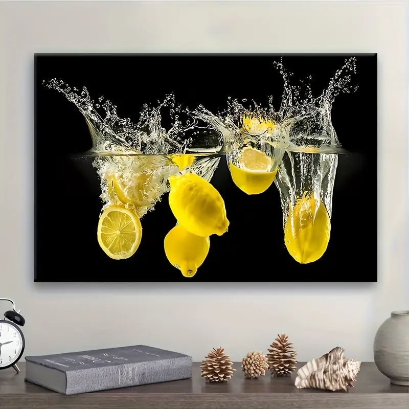 1Pc Modern Boho Artistic Solid Wood-Framed 2D Flat Lemon Fruit Splash Ink Canvas Print - Waterproof, Durable Hanging Wall Decoration, Juneteenth Spring Fest Gift, Accent Wall Decor for Living Room, Kitchen