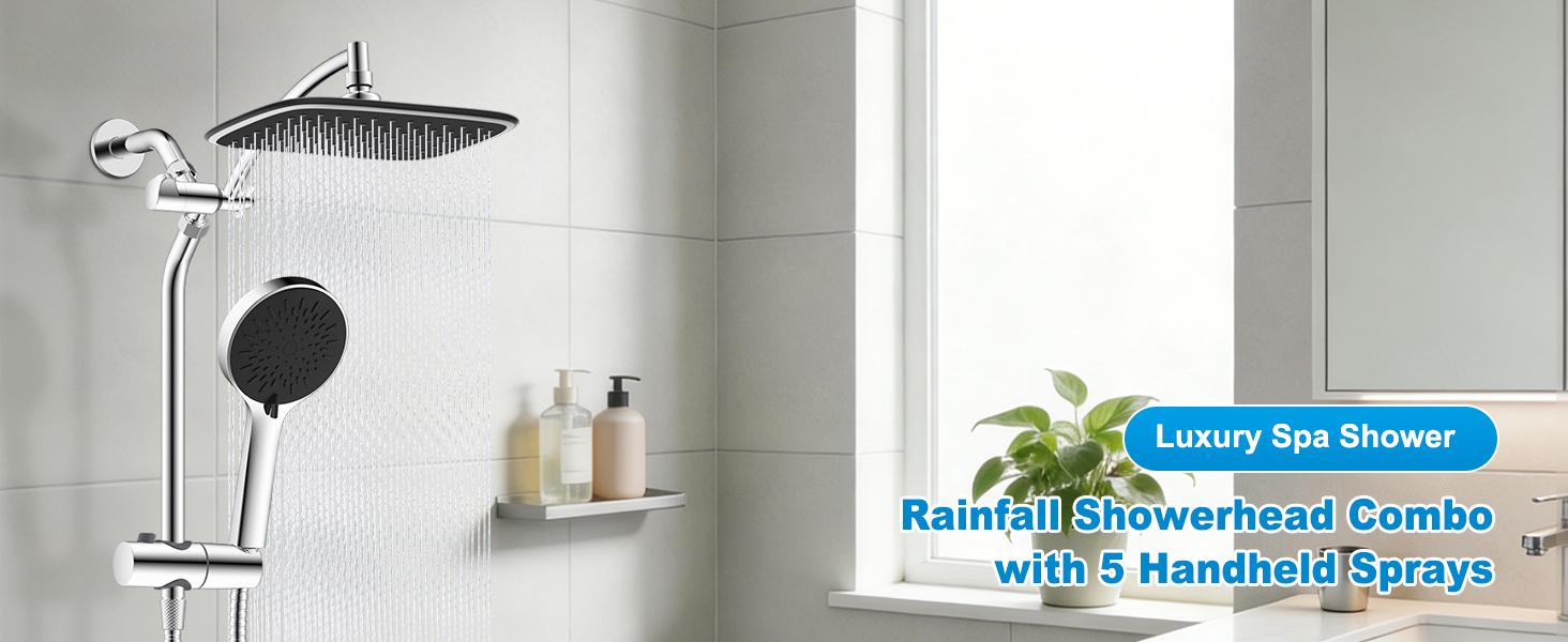 10" Rain Shower Head with Handheld, High Pressure Boosting Rainfall Showerhead with All Metal Adjustable Extension Arm, Easy Reach Shower Holder, 5 Spray Modes with Power Wash, Easy to Install, Chrome