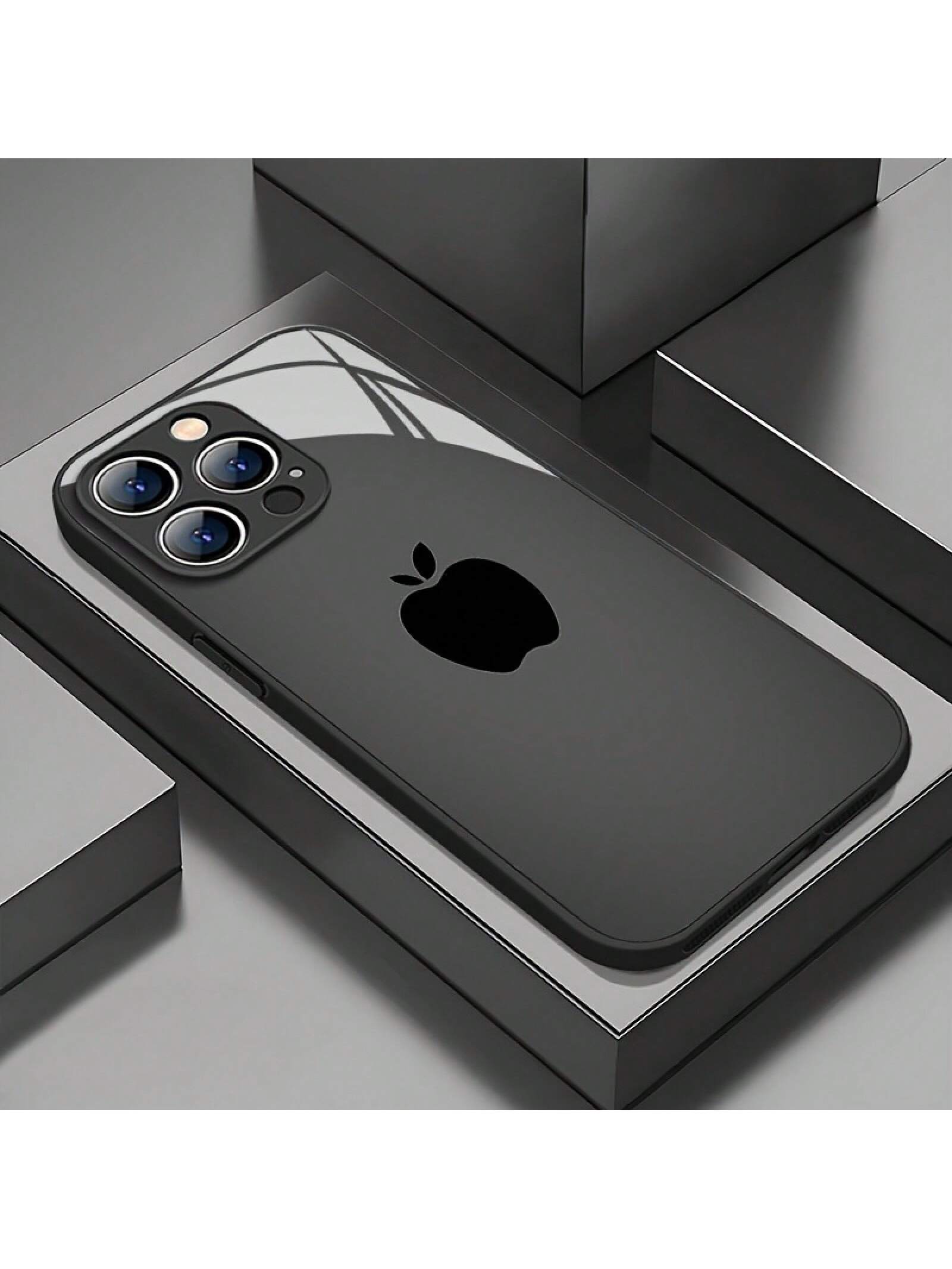 Stylish And Simple Black Apple Pattern Mobile Phone Case For IPhone 16ProMax/15Pro/14Plus/13/12/11/X/XR/XsMax, Fashionable Design, Tempered Glass, Protective Cover With High-End Feel