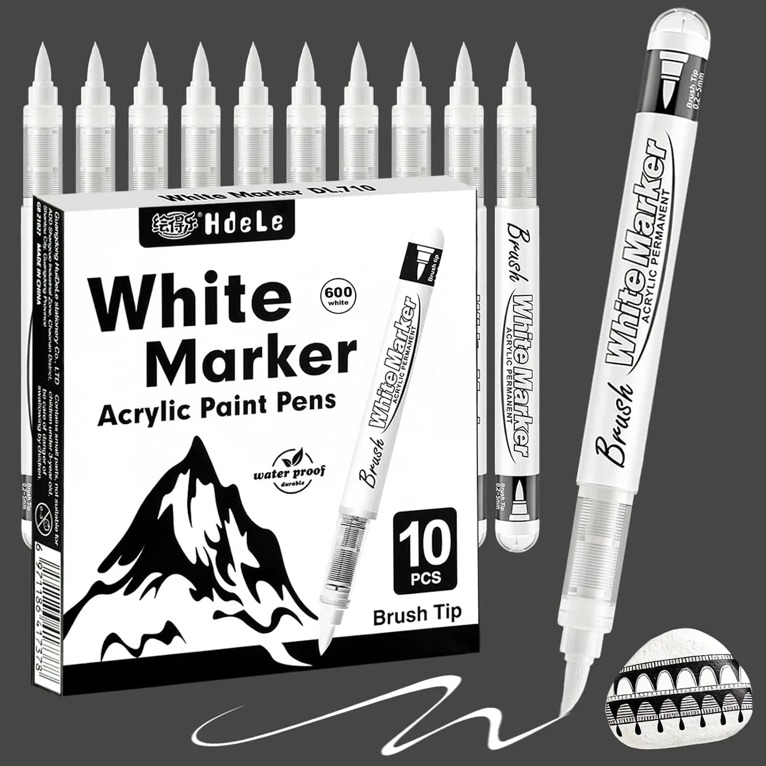 10-Pack Quick-Drying White Brush Tip Markers, Office Stationery Writing Tools for Stone Painting, DIY Crafts, Multi-Surface Art Supplies (Canvas, Glass, Fabric, Egg Compatible)