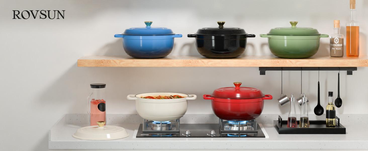 ROVSUN Enameled Cast Iron Round Dutch Oven, 5/6/7.5QT Pot with Lid &Dual Handles with Silicone Gloves,Oven Safe up to 500°F, Heavy-Duty Pre-Seasoned Cookware for Bread Baking, Braising, Stews, Roasting,Nonstick Durable Cooking,TikTokShopBlackFriday